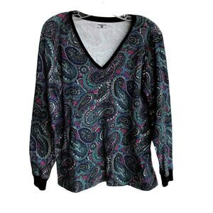 Jones New York Sport Paisley Print Cotton Long Sleeve Knit Top with Black Trim